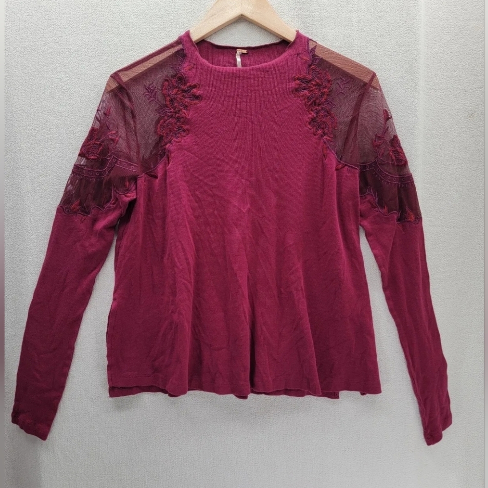 Free People Daniella Illusion Burgundy Cold Shoulder Mesh Top Size-S